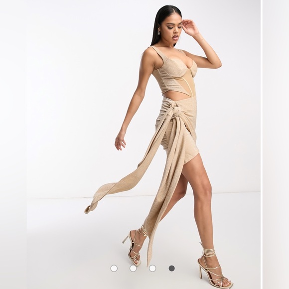 ASOS DESIGN cami corset tie side mini dress in gold glitter - Picture 3 of 4
